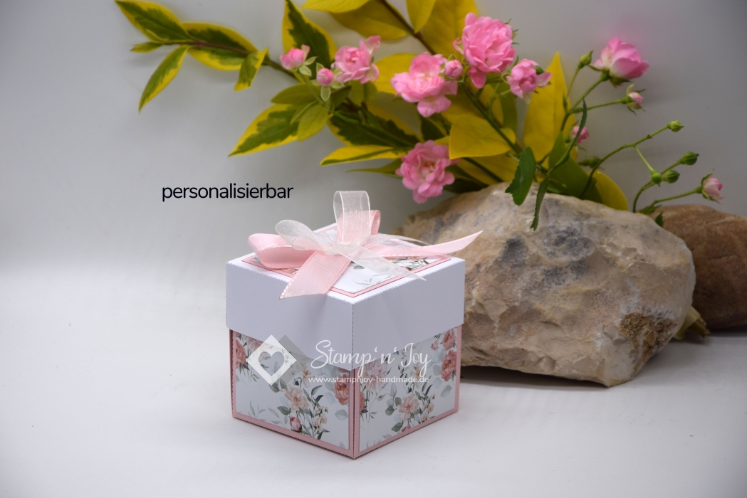 Explosionsbox Hochzeit ca. 7x7x7cm personalisierbar | Geldgeschenk | Zierschachtel | Motiv: floral | puderrosa weiß | Art. Nr. 03020305